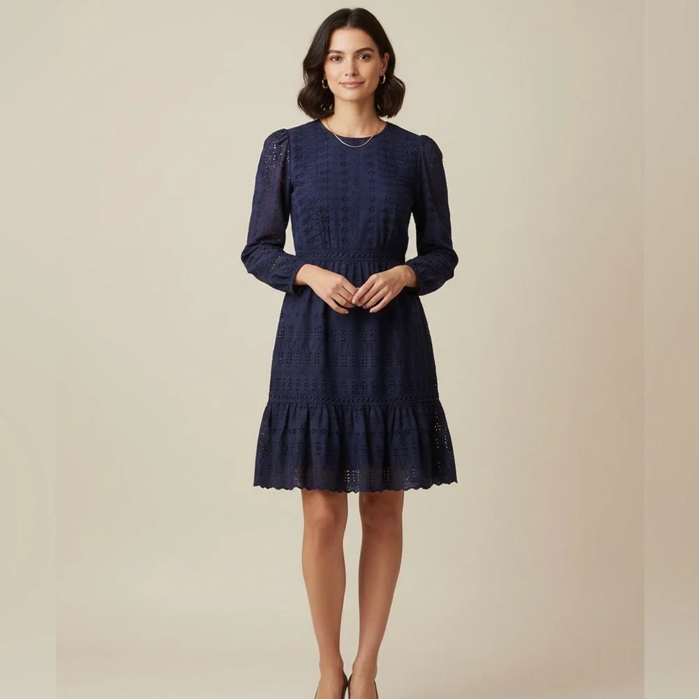 J. Crew Eyelet Lace Flutter Hem Dress Size‎ 2 Navy Blue Preppy A Line